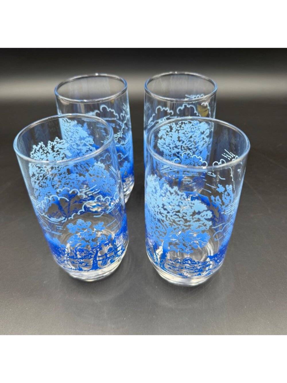 Vintage Anchor Hocking Glass Tumbler Set Of 4 Blue Scenic Design 5" Tall